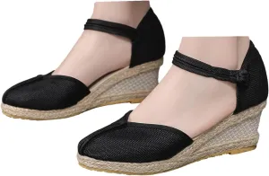 2025 Espadrille Closed Toe Wedges Sandals for Womens, Platform Slip-ons Elastic Strap Knotted Button Ankle Strap Jute Wrap Canvas Shoes Loafers Comfortable Summer Dress Walking Shoes
