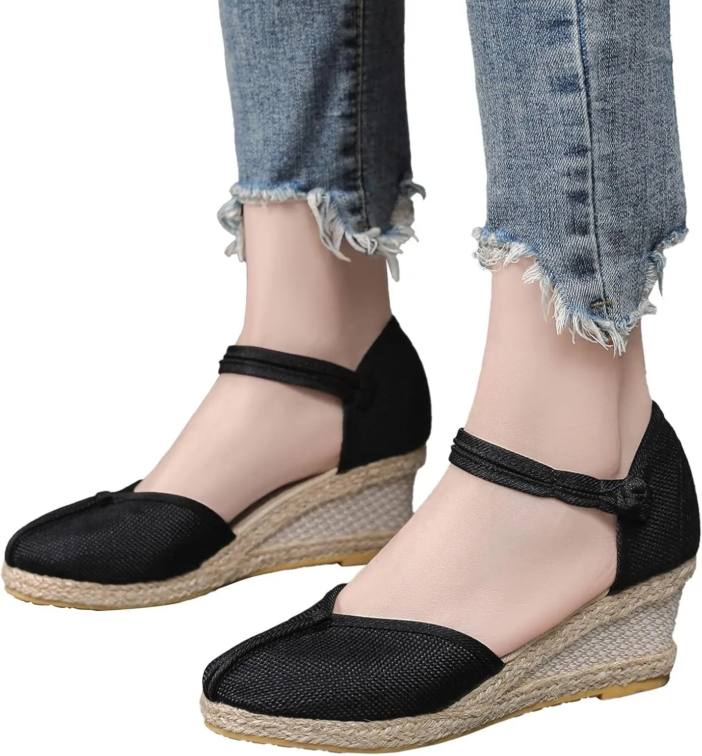 2025 Espadrille Closed Toe Wedges Sandals for Womens, Platform Slip-ons Elastic Strap Knotted Button Ankle Strap Jute Wrap Canvas Shoes Loafers Comfortable Summer Dress Walking Shoes