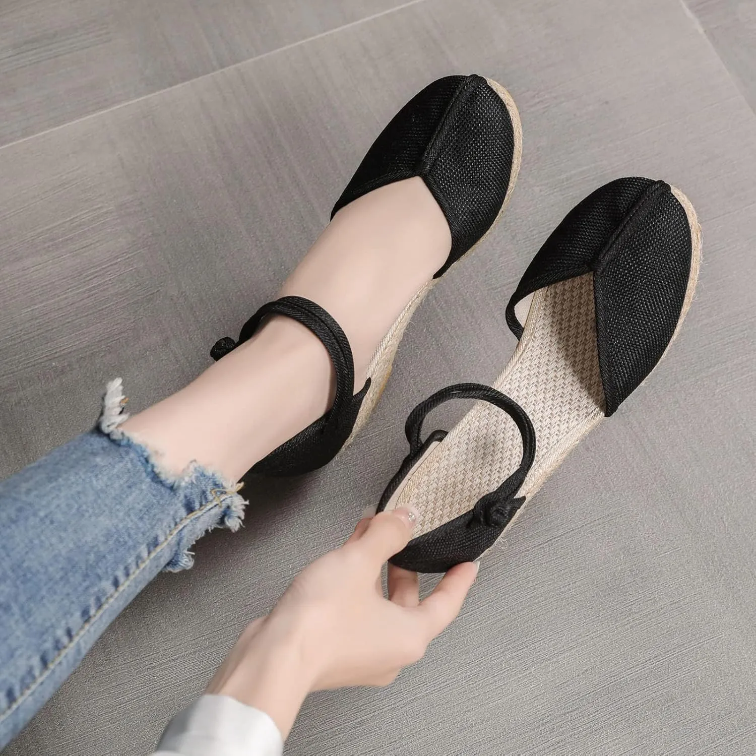 2025 Espadrille Closed Toe Wedges Sandals for Womens, Platform Slip-ons Elastic Strap Knotted Button Ankle Strap Jute Wrap Canvas Shoes Loafers Comfortable Summer Dress Walking Shoes