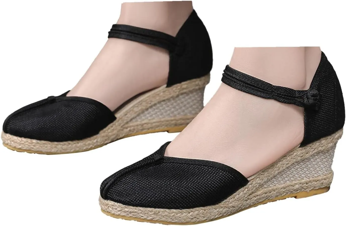2025 Espadrille Closed Toe Wedges Sandals for Womens, Platform Slip-ons Elastic Strap Knotted Button Ankle Strap Jute Wrap Canvas Shoes Loafers Comfortable Summer Dress Walking Shoes