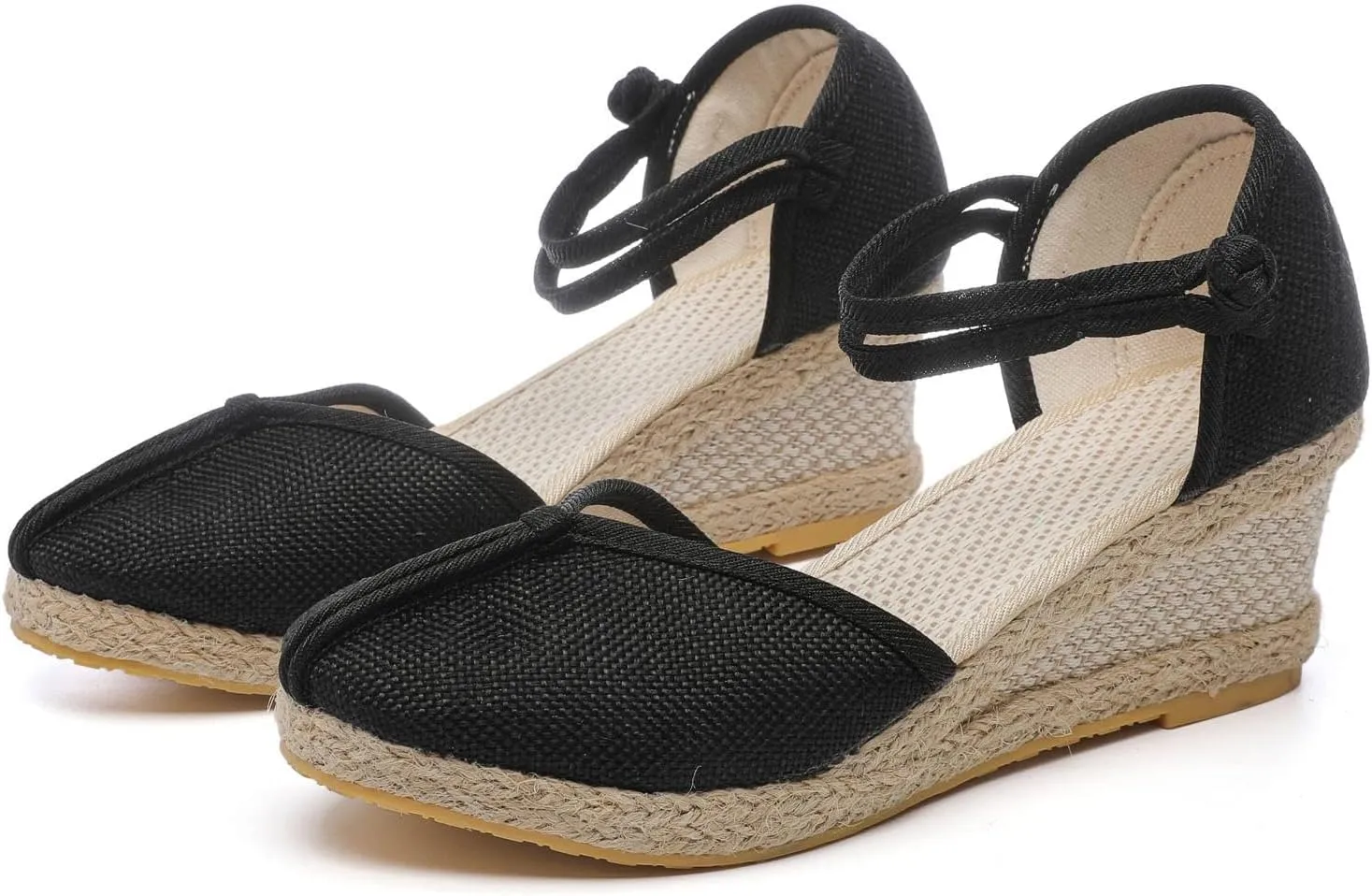 2025 Espadrille Closed Toe Wedges Sandals for Womens, Platform Slip-ons Elastic Strap Knotted Button Ankle Strap Jute Wrap Canvas Shoes Loafers Comfortable Summer Dress Walking Shoes