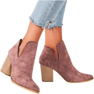 Ankle Booties for Women V Cut,Ankle Boots Pointed Toe Slip On Side Cutout Solid Color Chunky Block Stacked Mid Heel Booties