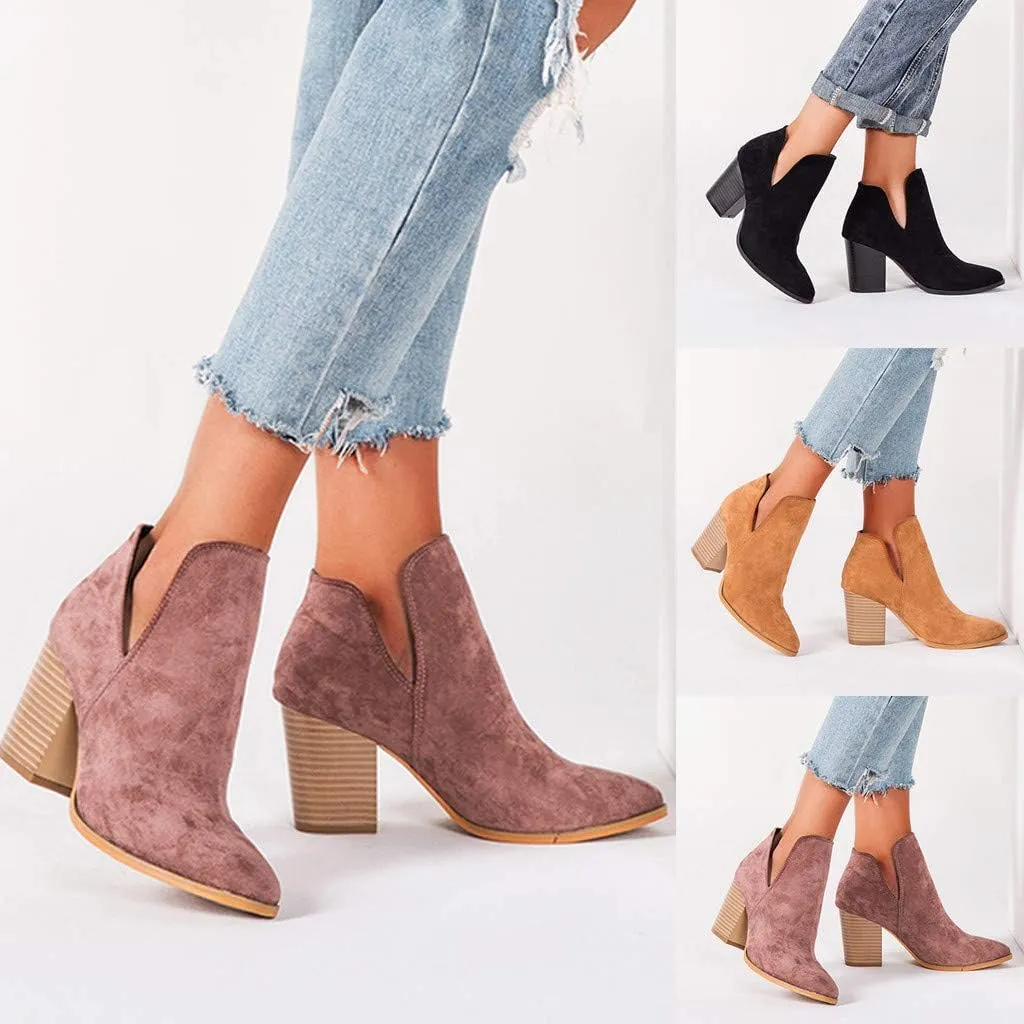 Ankle Booties for Women V Cut,Ankle Boots Pointed Toe Slip On Side Cutout Solid Color Chunky Block Stacked Mid Heel Booties