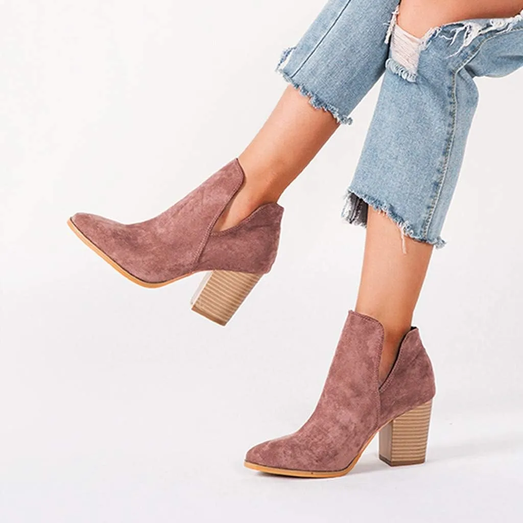 Ankle Booties for Women V Cut,Ankle Boots Pointed Toe Slip On Side Cutout Solid Color Chunky Block Stacked Mid Heel Booties