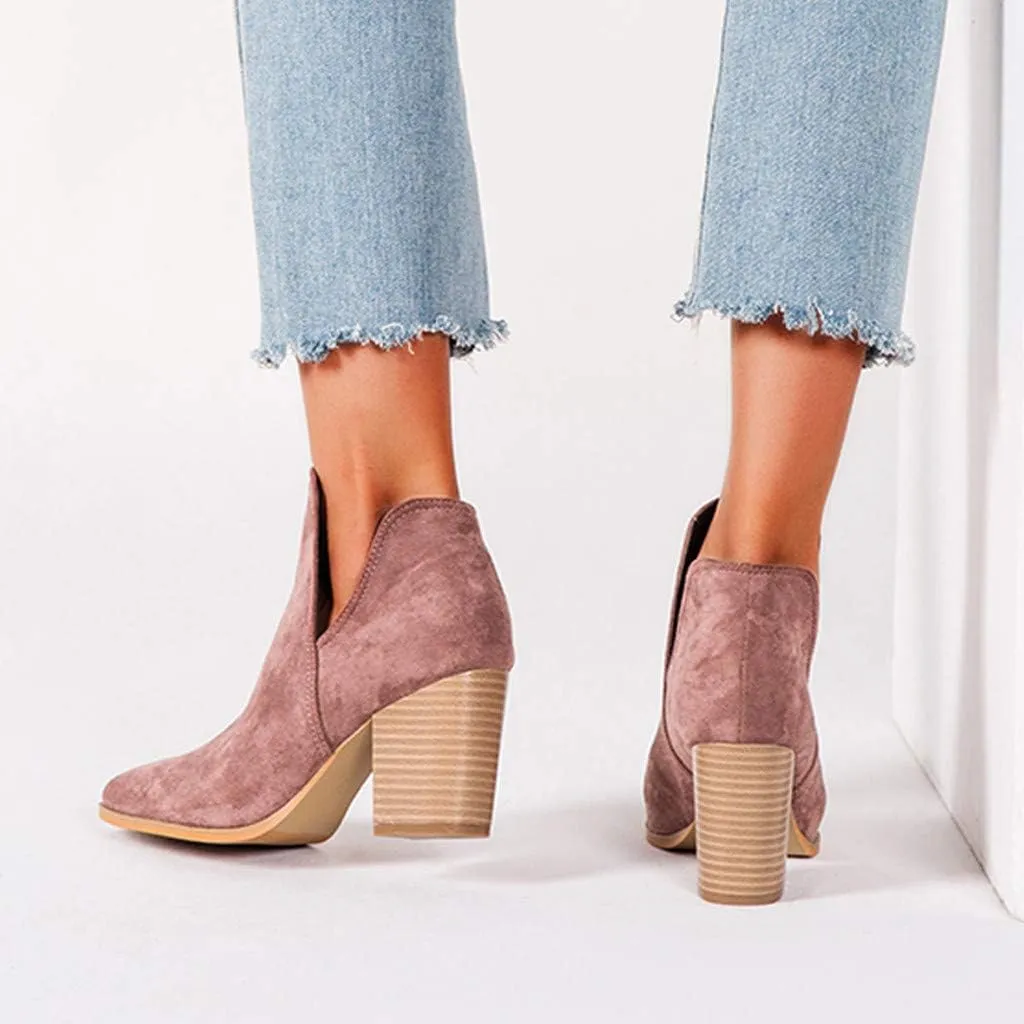 Ankle Booties for Women V Cut,Ankle Boots Pointed Toe Slip On Side Cutout Solid Color Chunky Block Stacked Mid Heel Booties