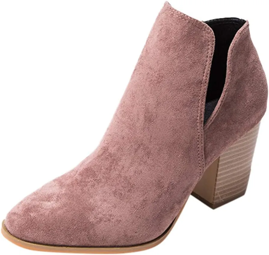Ankle Booties for Women V Cut,Ankle Boots Pointed Toe Slip On Side Cutout Solid Color Chunky Block Stacked Mid Heel Booties