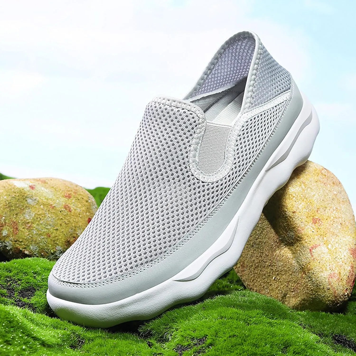 Arch Support Non Slip Minimalist Shoes for Men Breathable Elastic Fly Woven Mesh Sneaker Versatile Elderly Shoes