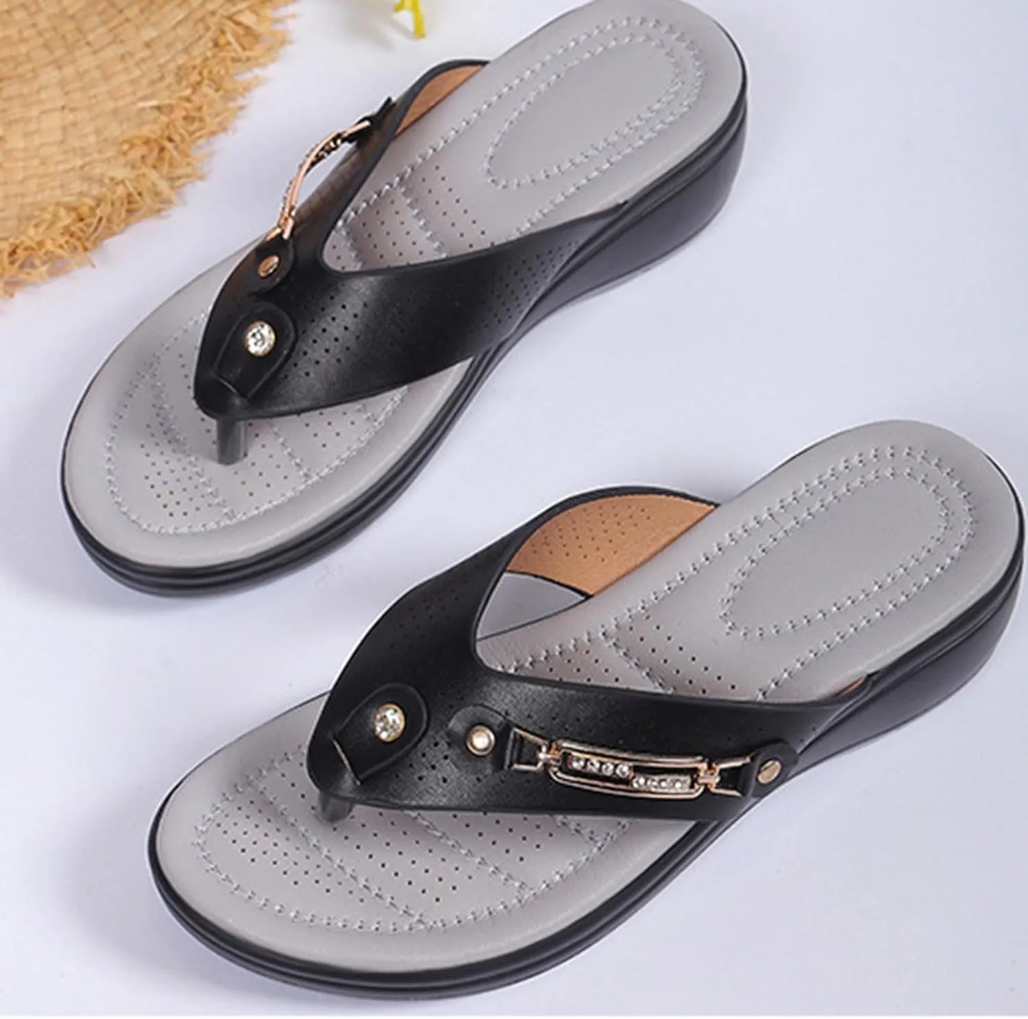 Arch Support Orthopedic Sandals for Women Summer Low Wedge Flip Flops Dressy Casual Slip on Thong Sandal Bohemian Slippers