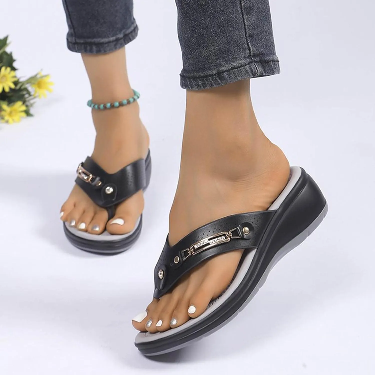 Arch Support Orthopedic Sandals for Women Summer Low Wedge Flip Flops Dressy Casual Slip on Thong Sandal Bohemian Slippers