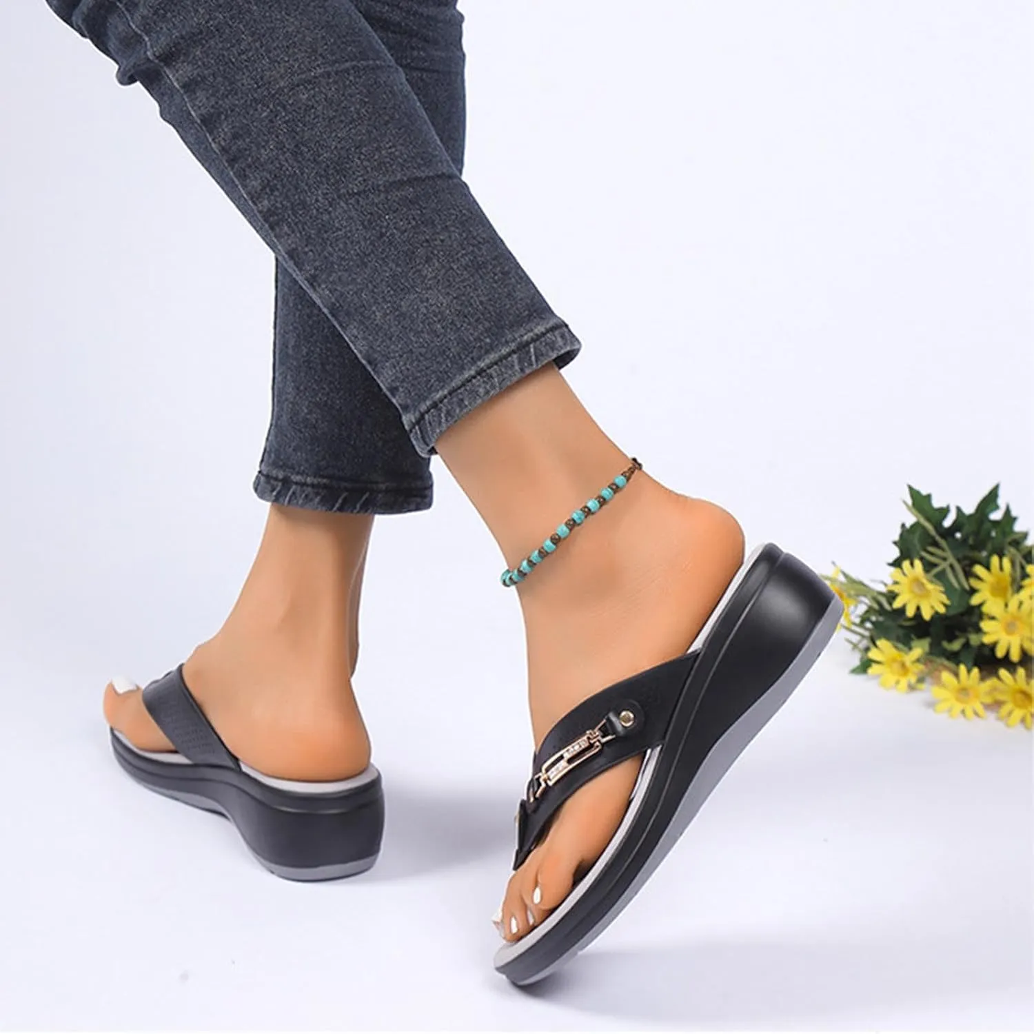 Arch Support Orthopedic Sandals for Women Summer Low Wedge Flip Flops Dressy Casual Slip on Thong Sandal Bohemian Slippers