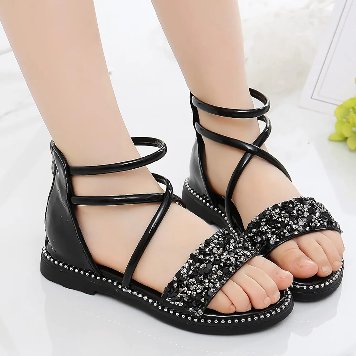 Baby Girls Gl𝐚diator Ankle Sandals Open Toe Flat Leather Non Slip Strap Shoes Toddler Kids Wedding Pearl Sequins Shoes