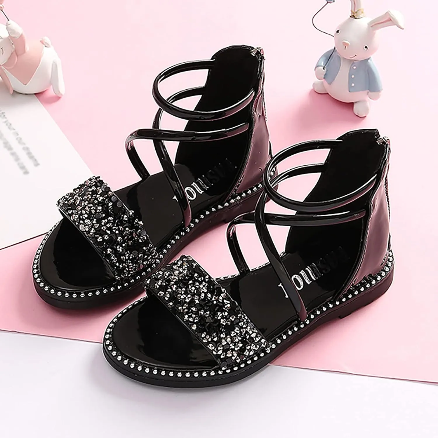 Baby Girls Gl𝐚diator Ankle Sandals Open Toe Flat Leather Non Slip Strap Shoes Toddler Kids Wedding Pearl Sequins Shoes