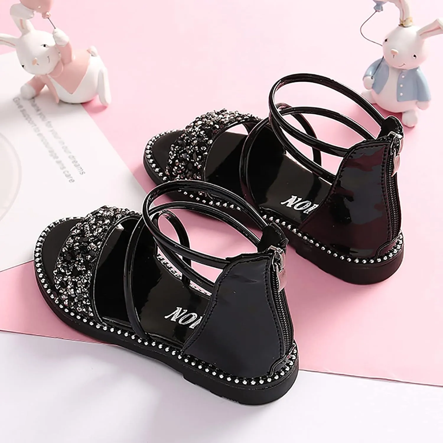 Baby Girls Gl𝐚diator Ankle Sandals Open Toe Flat Leather Non Slip Strap Shoes Toddler Kids Wedding Pearl Sequins Shoes