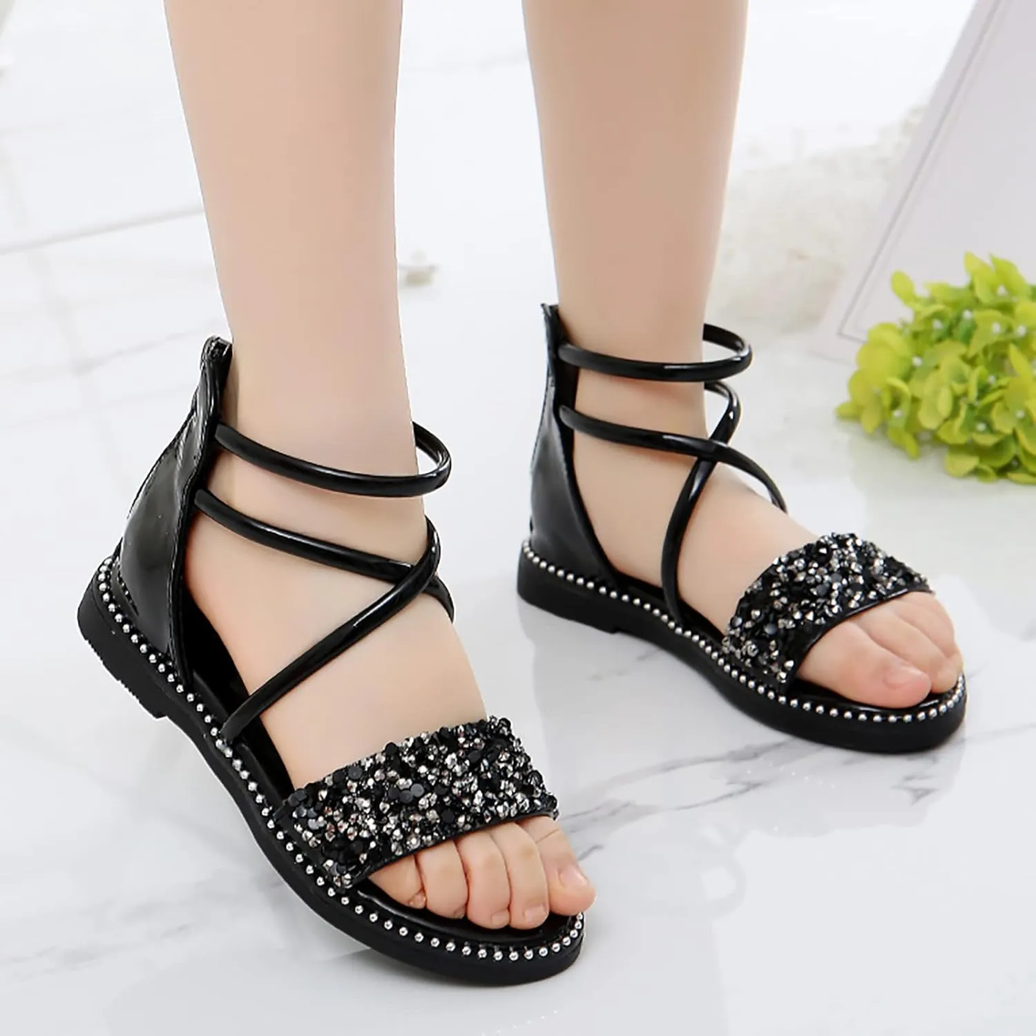 Baby Girls Gl𝐚diator Ankle Sandals Open Toe Flat Leather Non Slip Strap Shoes Toddler Kids Wedding Pearl Sequins Shoes