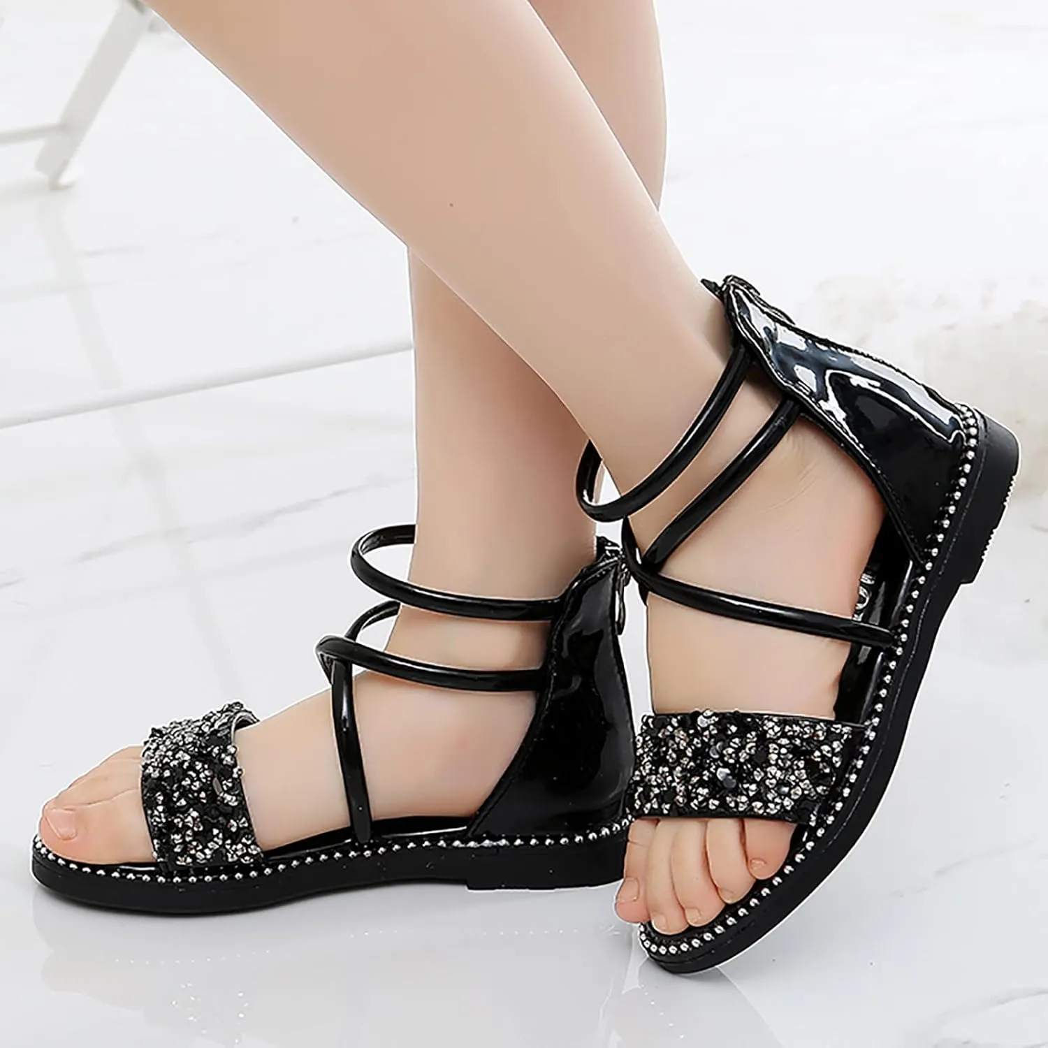 Baby Girls Gl𝐚diator Ankle Sandals Open Toe Flat Leather Non Slip Strap Shoes Toddler Kids Wedding Pearl Sequins Shoes