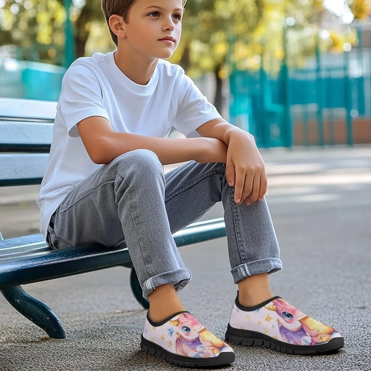 Casual Slip Ons Running Sneakers Kids Boy Girl Stylish Cartoon Print Shoes Comfort Barefoot Anti-Skid Loafers Size 11-15 Black Sole