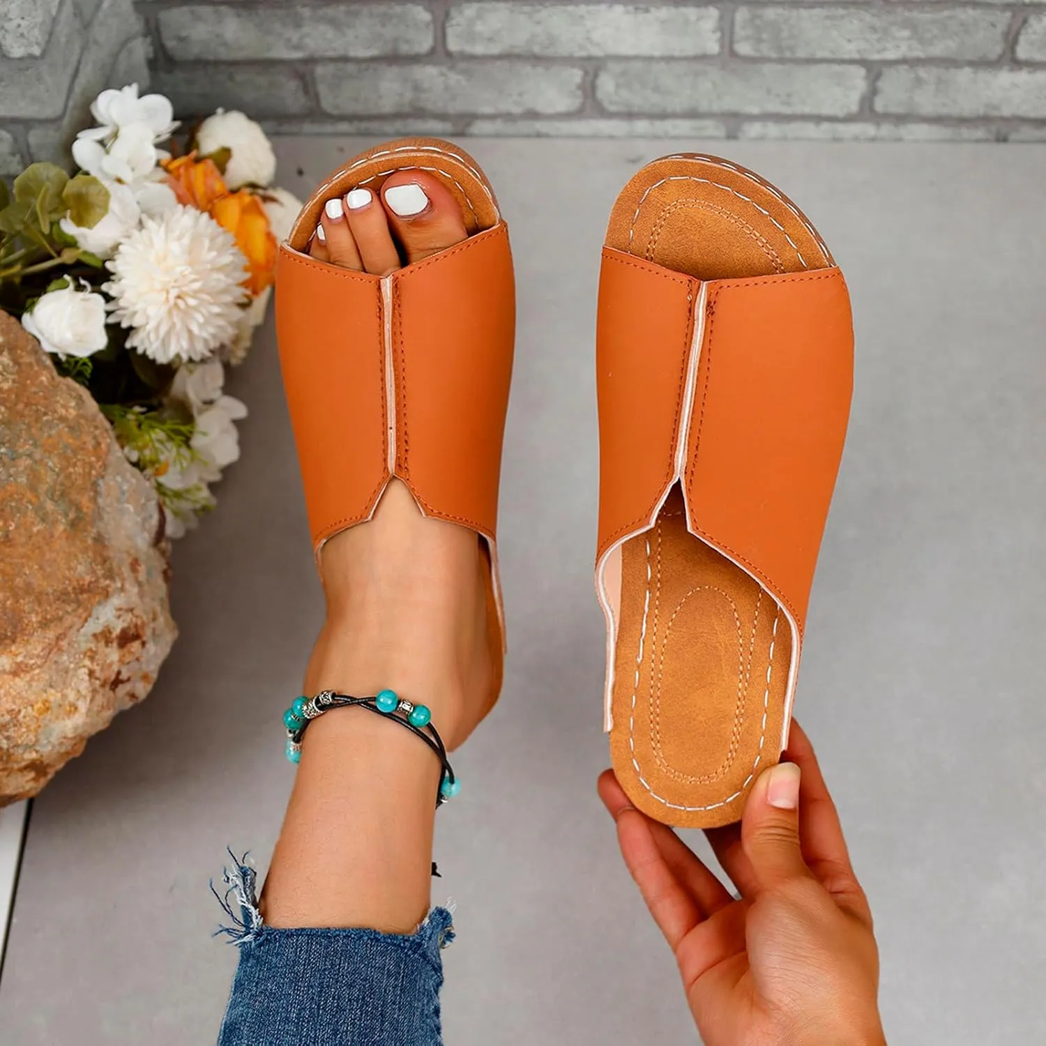 Cathalem Flat Sandals for Women, Orthopedic Arch Support Flat Slip on Wide Width Leather Platform Wedge Slides Sandals