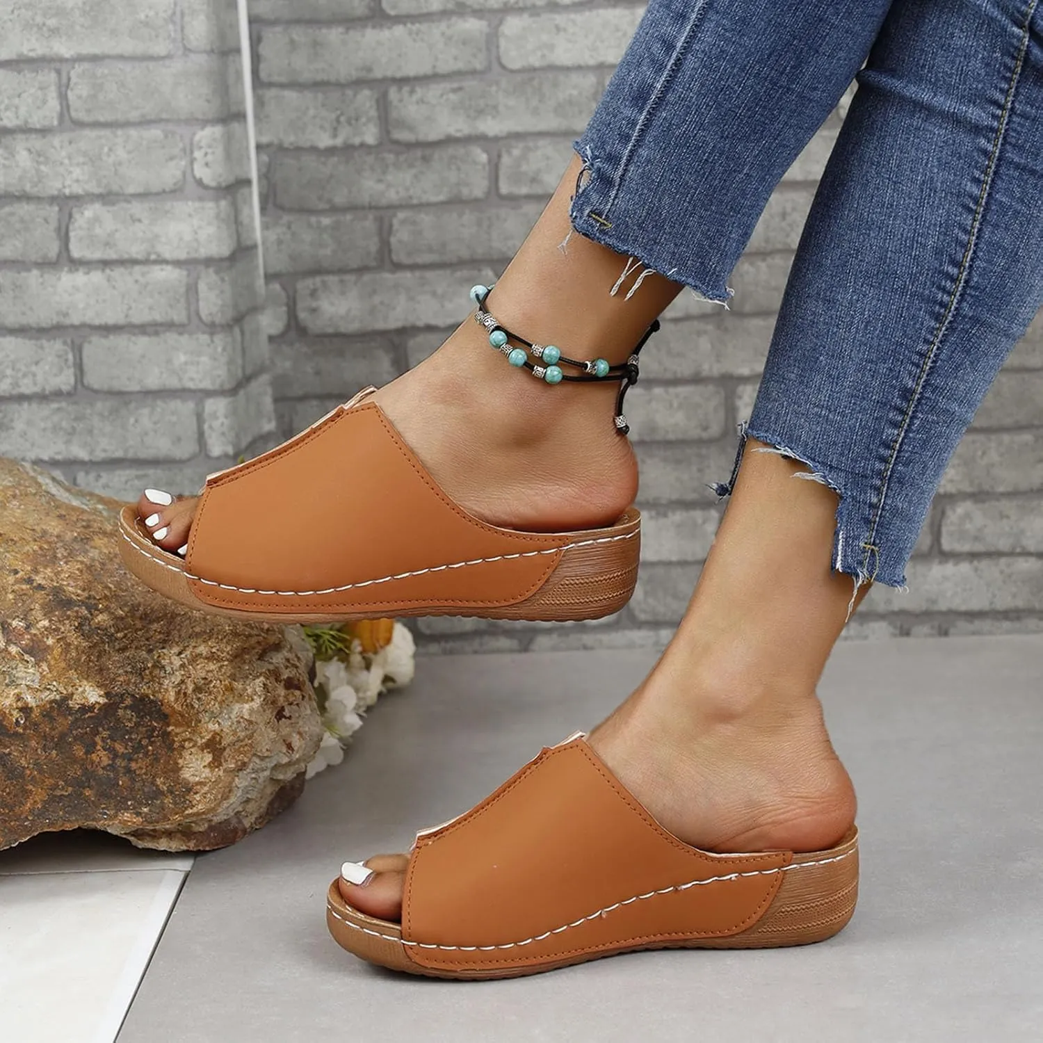 Cathalem Flat Sandals for Women, Orthopedic Arch Support Flat Slip on Wide Width Leather Platform Wedge Slides Sandals