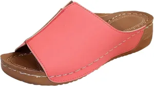 Cathalem Flat Sandals for Women, Orthopedic Arch Support Flat Slip on Wide Width Leather Platform Wedge Slides Sandals