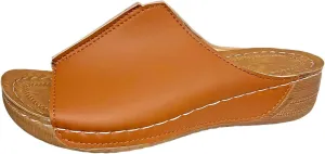 Cathalem Flat Sandals for Women, Orthopedic Arch Support Flat Slip on Wide Width Leather Platform Wedge Slides Sandals