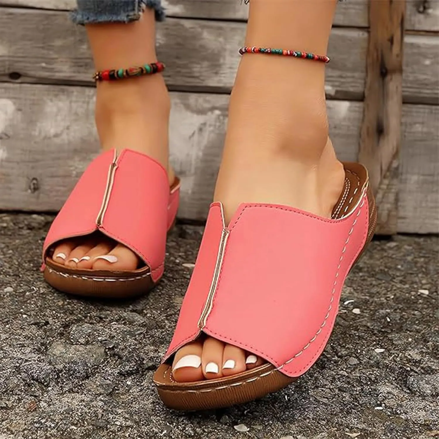 Cathalem Flat Sandals for Women, Orthopedic Arch Support Flat Slip on Wide Width Leather Platform Wedge Slides Sandals