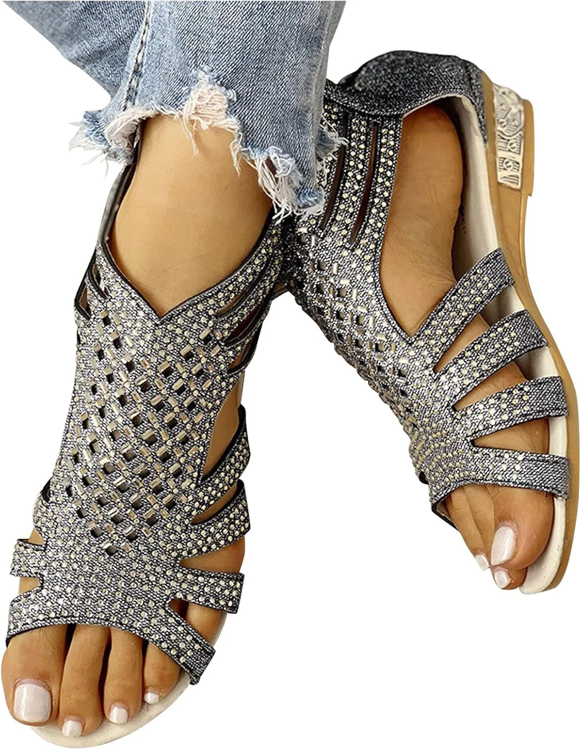 Cathalem Sandals For Women Dressy Summer Rhinestone Fashion Hollow Out Zipper Open Toe Low Wedge Sandals