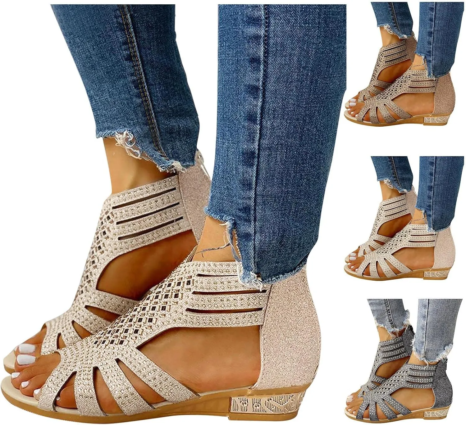 Cathalem Sandals For Women Dressy Summer Rhinestone Fashion Hollow Out Zipper Open Toe Low Wedge Sandals