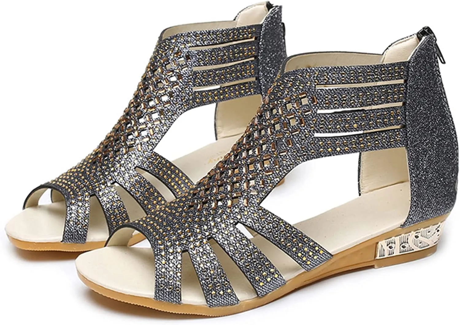 Cathalem Sandals For Women Dressy Summer Rhinestone Fashion Hollow Out Zipper Open Toe Low Wedge Sandals