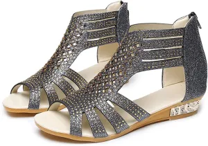 Cathalem Sandals For Women Dressy Summer Rhinestone Fashion Hollow Out Zipper Open Toe Low Wedge Sandals