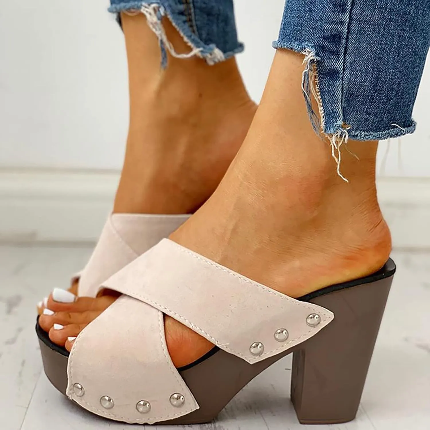 Chunky Block Heel Sandals Women Open Toe Square Toe Strappy Ankle Strap Comfortable Shoes