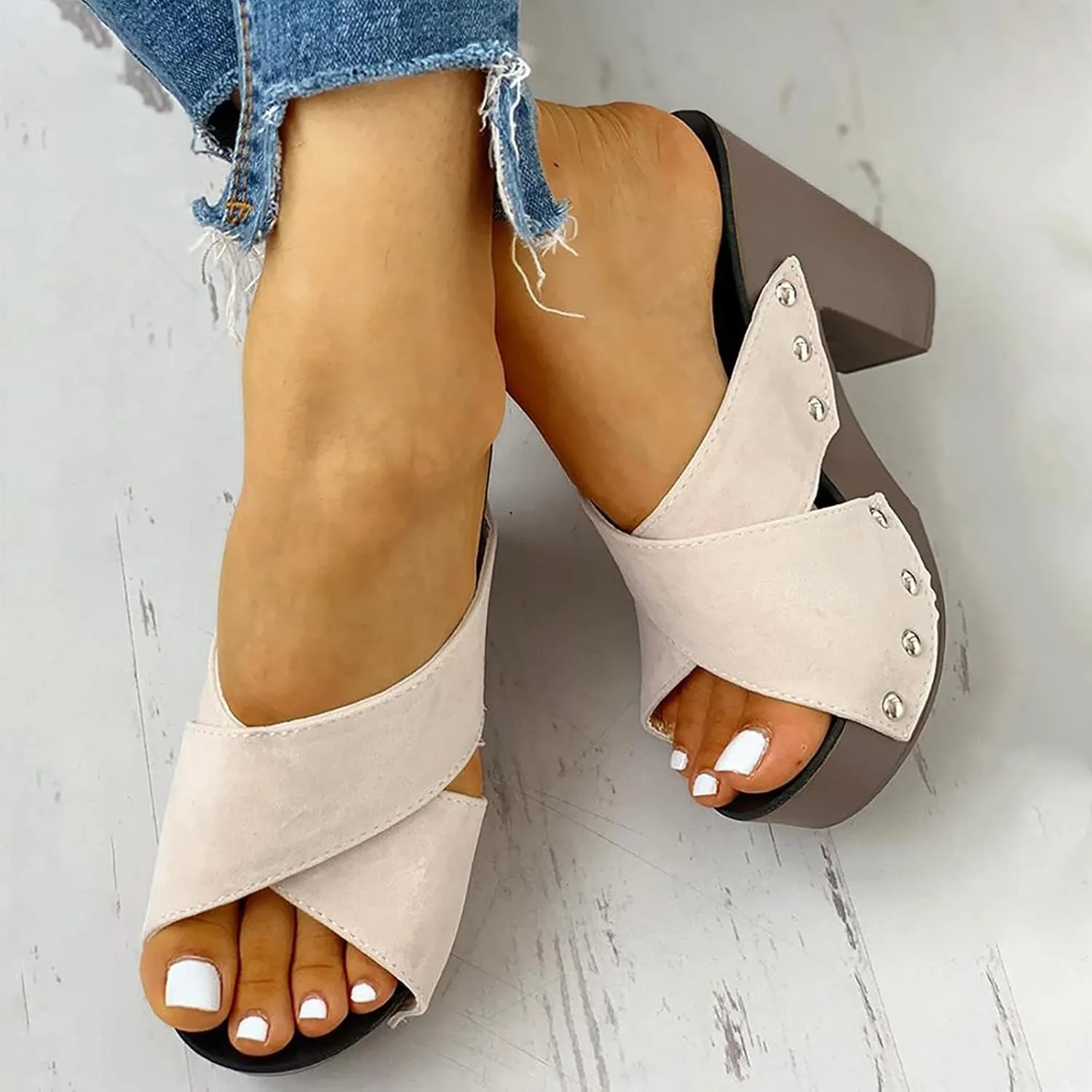 Chunky Block Heel Sandals Women Open Toe Square Toe Strappy Ankle Strap Comfortable Shoes
