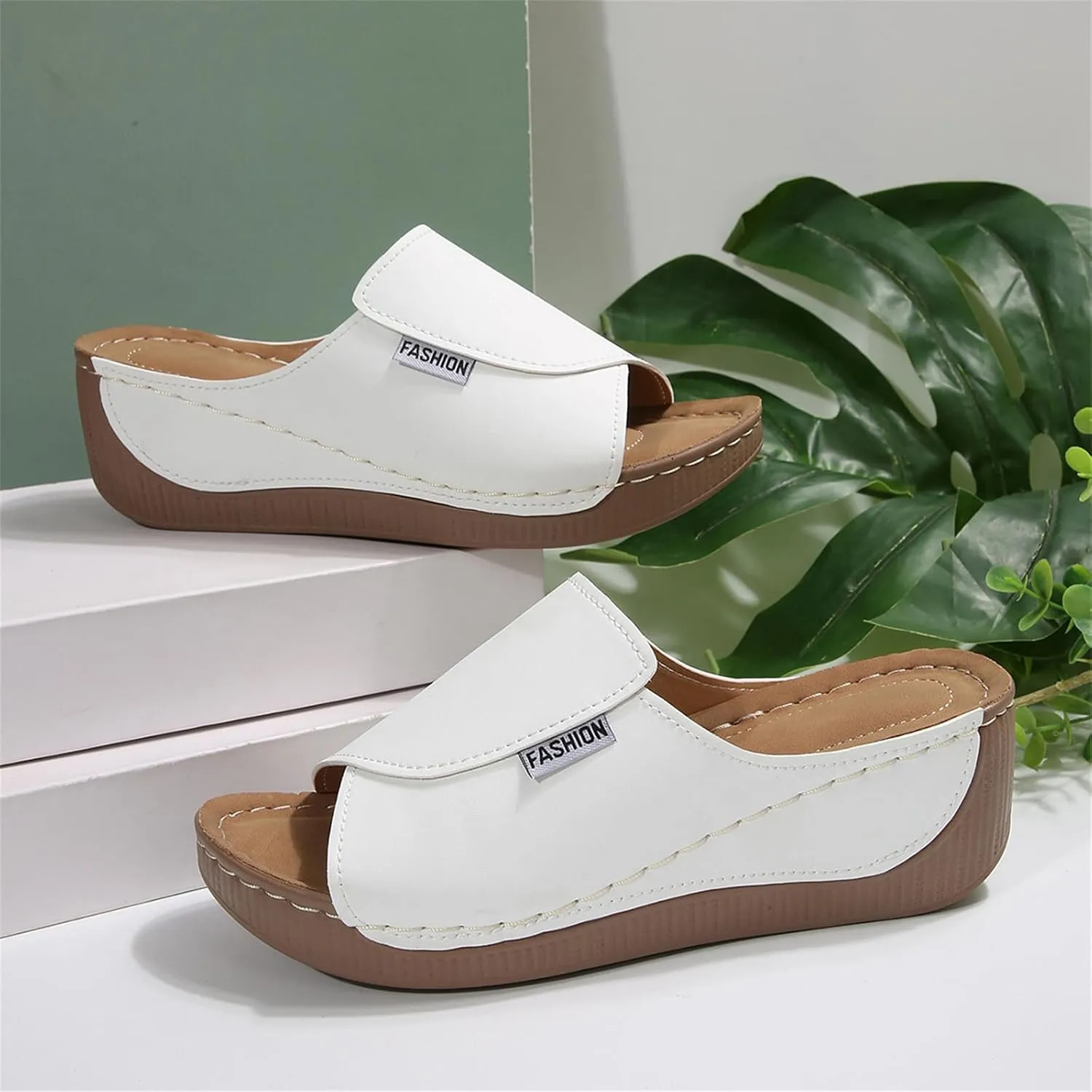 Comfortable Arch Support Slides for Women Orthopedic Wedge Sandals Wide Width Breathable Summer Orthotic Leather Platform Wedge Sandals Slip on Casual Shoes