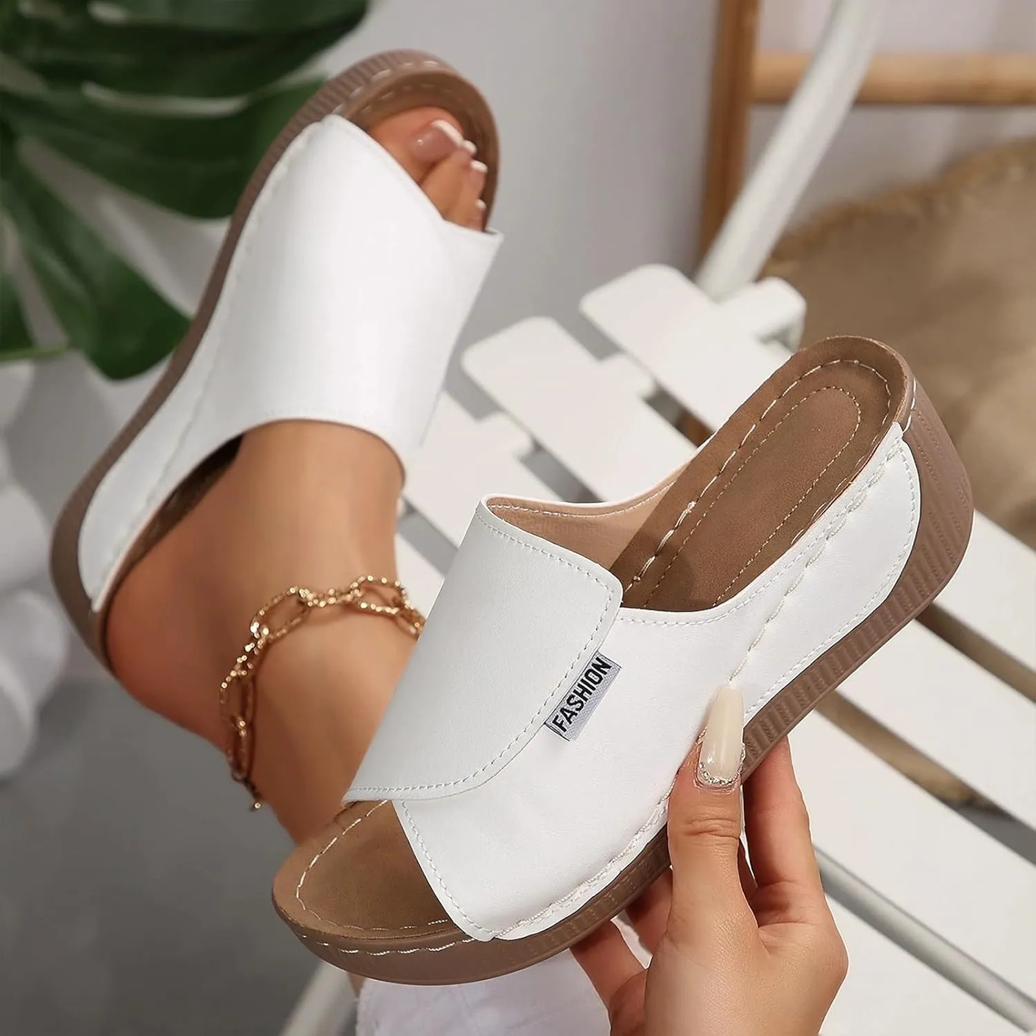 Comfortable Arch Support Slides for Women Orthopedic Wedge Sandals Wide Width Breathable Summer Orthotic Leather Platform Wedge Sandals Slip on Casual Shoes