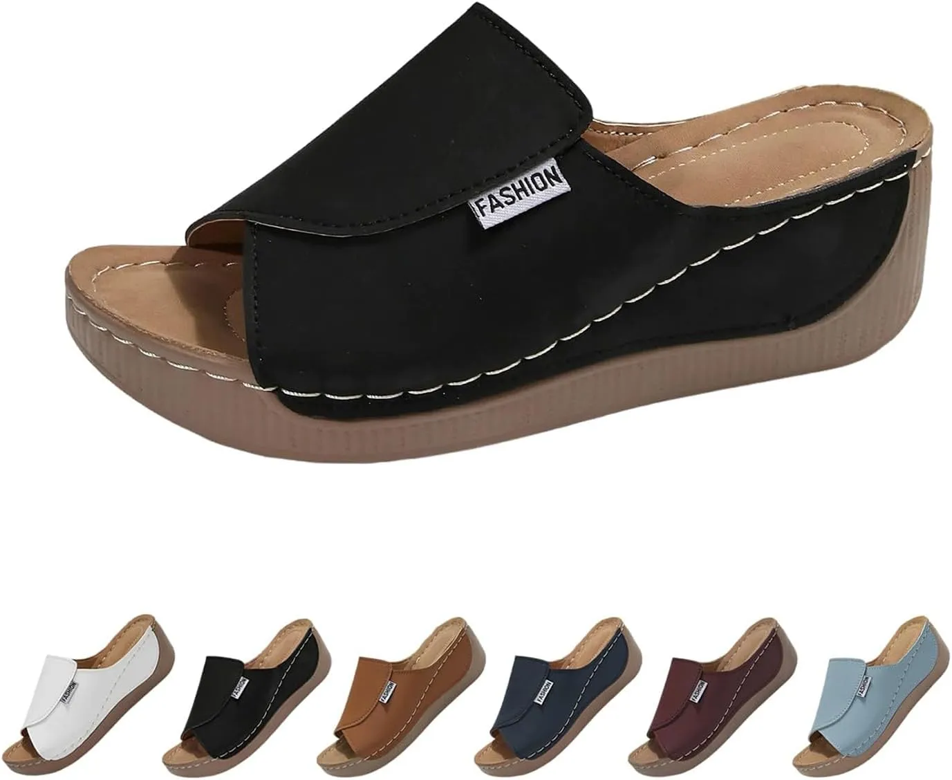 Comfortable Arch Support Slides for Women Orthopedic Wedge Sandals Wide Width Breathable Summer Orthotic Leather Platform Wedge Sandals Slip on Casual Shoes