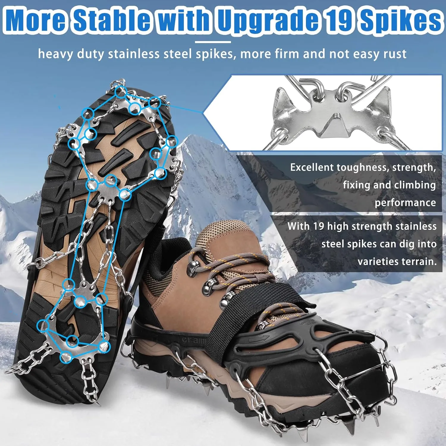 Crampons 19 Spikes Shoes Anti Slip Ice Cleats for Shoes and Boots, Traction Snow Cleats Crampons for Hiking Boots Women Men Safe Protect for Winter Walking Hiking Ice Fishing