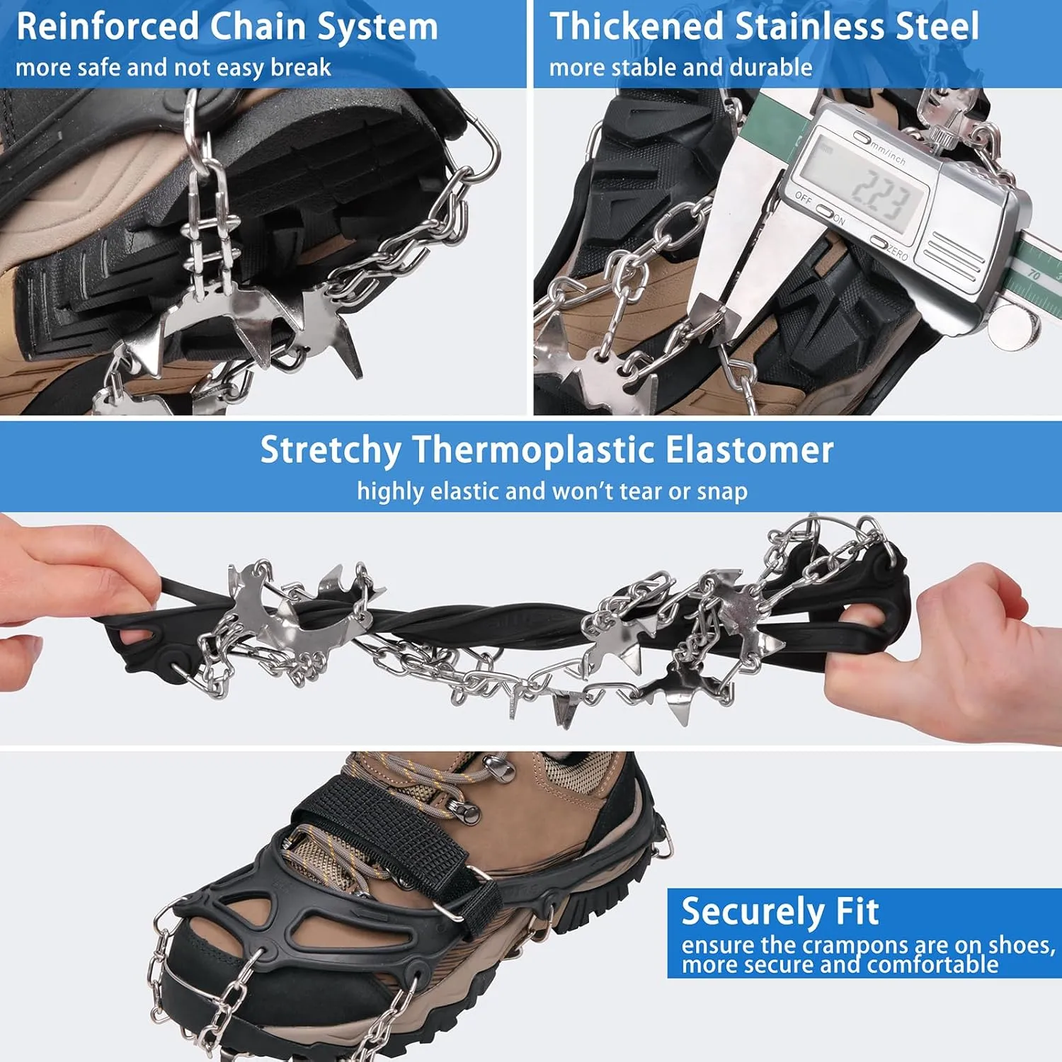 Crampons 19 Spikes Shoes Anti Slip Ice Cleats for Shoes and Boots, Traction Snow Cleats Crampons for Hiking Boots Women Men Safe Protect for Winter Walking Hiking Ice Fishing