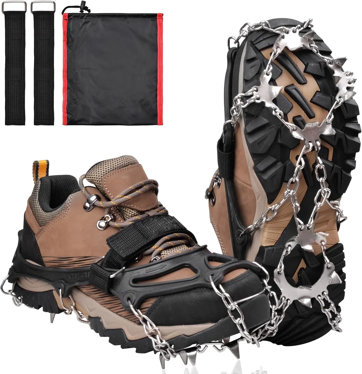 Crampons 19 Spikes Shoes Anti Slip Ice Cleats for Shoes and Boots, Traction Snow Cleats Crampons for Hiking Boots Women Men Safe Protect for Winter Walking Hiking Ice Fishing