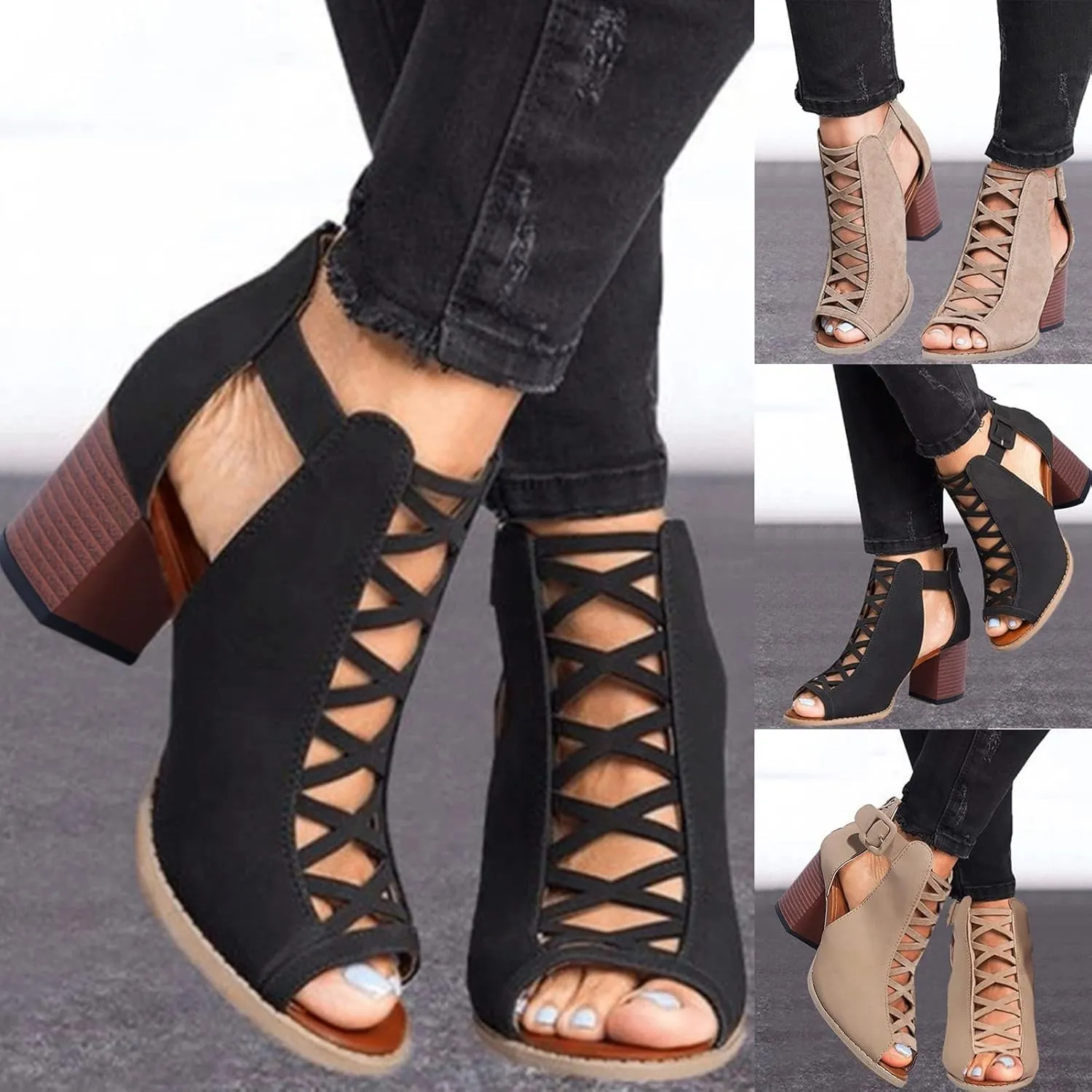 Eduavar Espadrille Sandals for Women, Sandals Women Casual Summer Heel Sandals Peep Toe Cutout Sandals with Ankle Strap