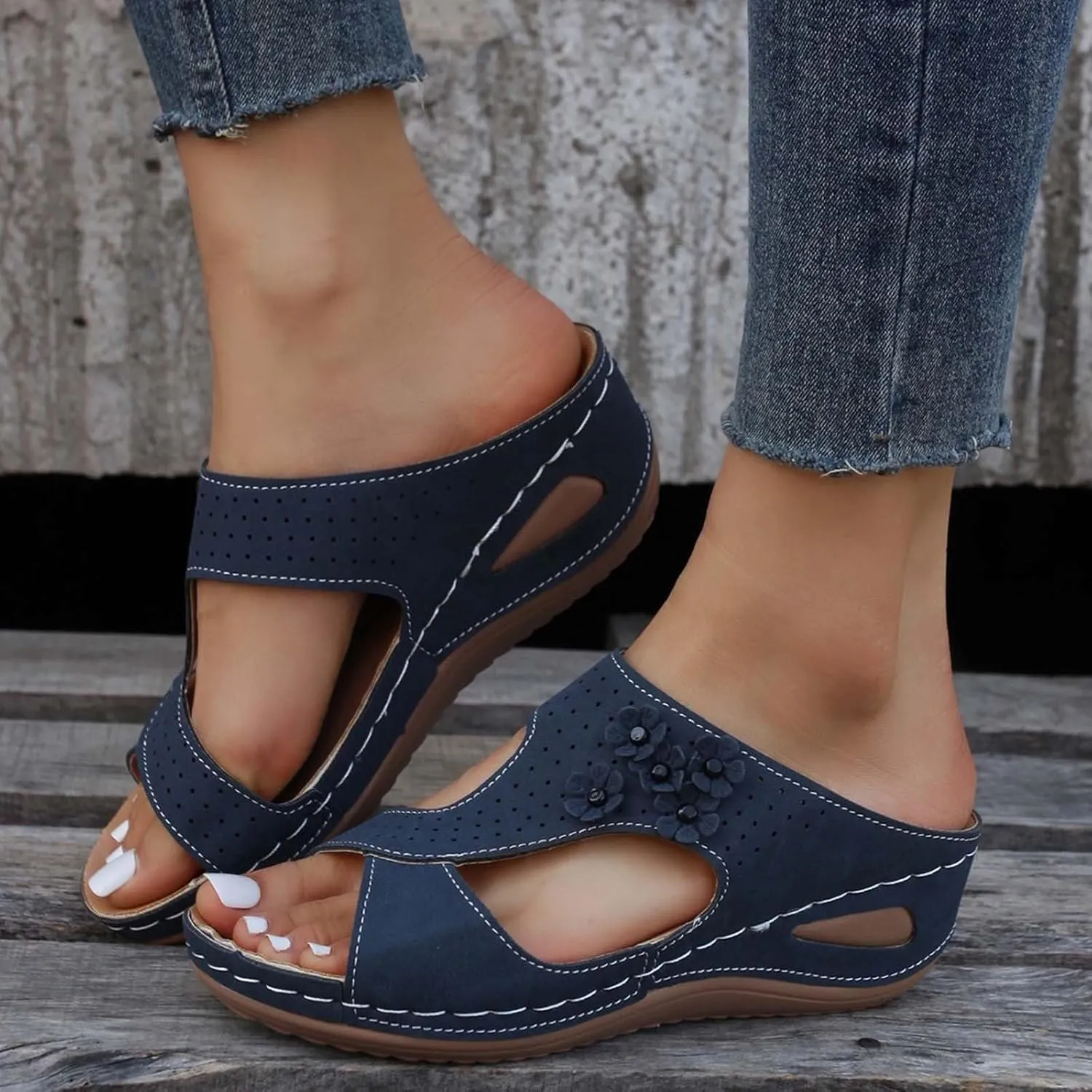 Eduavar Orthopedic Sandals for Women, Womens Sandals Casual Summer Low Wedge Sandals Breathable Open Toe Walking Sandals