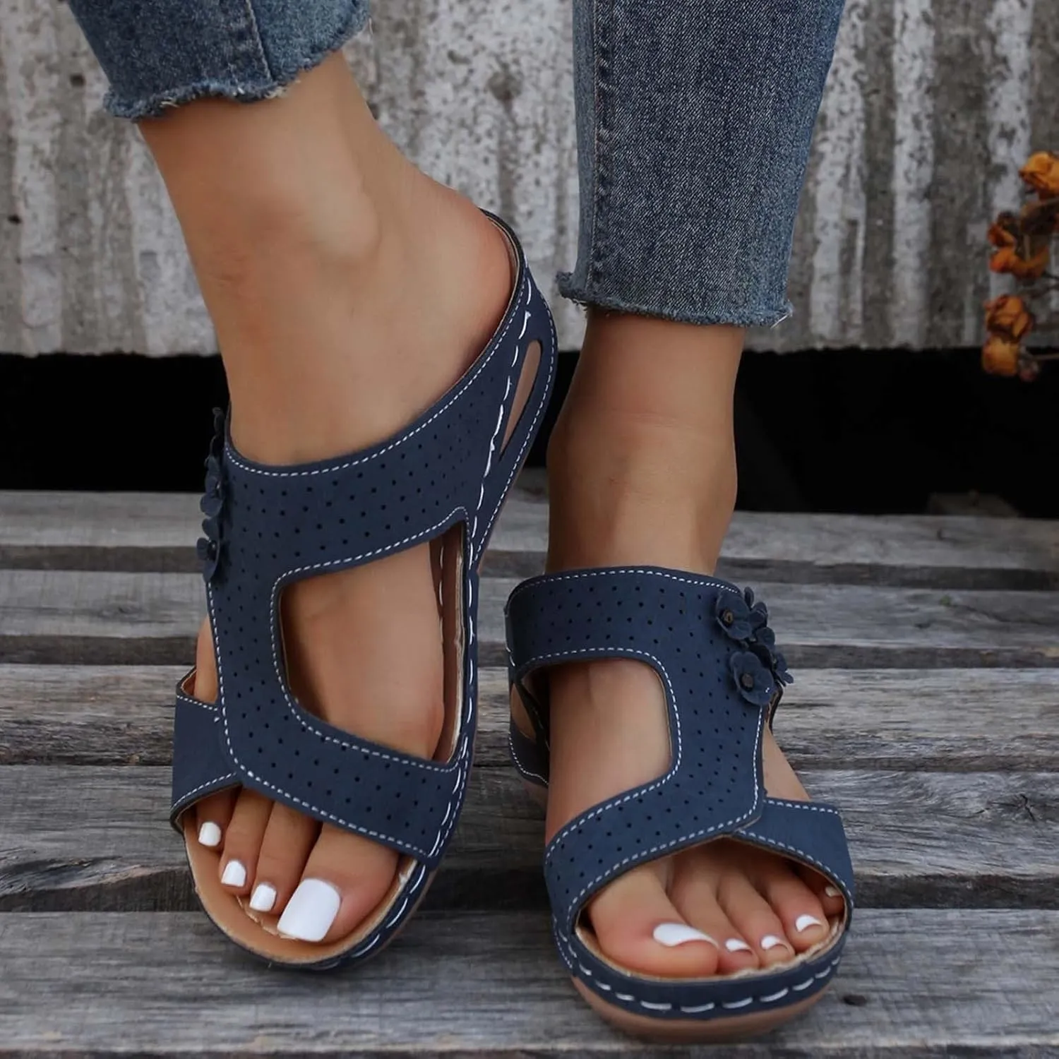 Eduavar Orthopedic Sandals for Women, Womens Sandals Casual Summer Low Wedge Sandals Breathable Open Toe Walking Sandals
