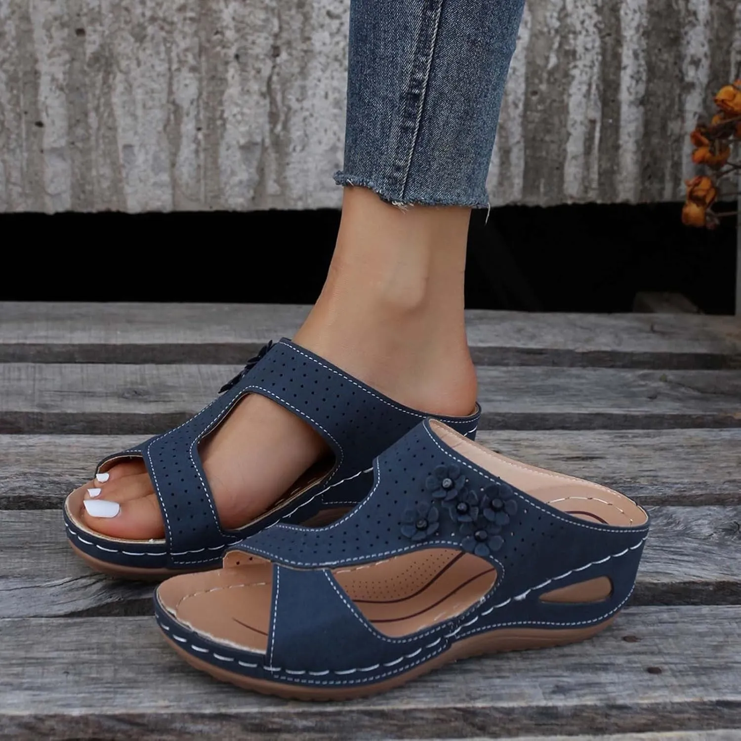 Eduavar Orthopedic Sandals for Women, Womens Sandals Casual Summer Low Wedge Sandals Breathable Open Toe Walking Sandals