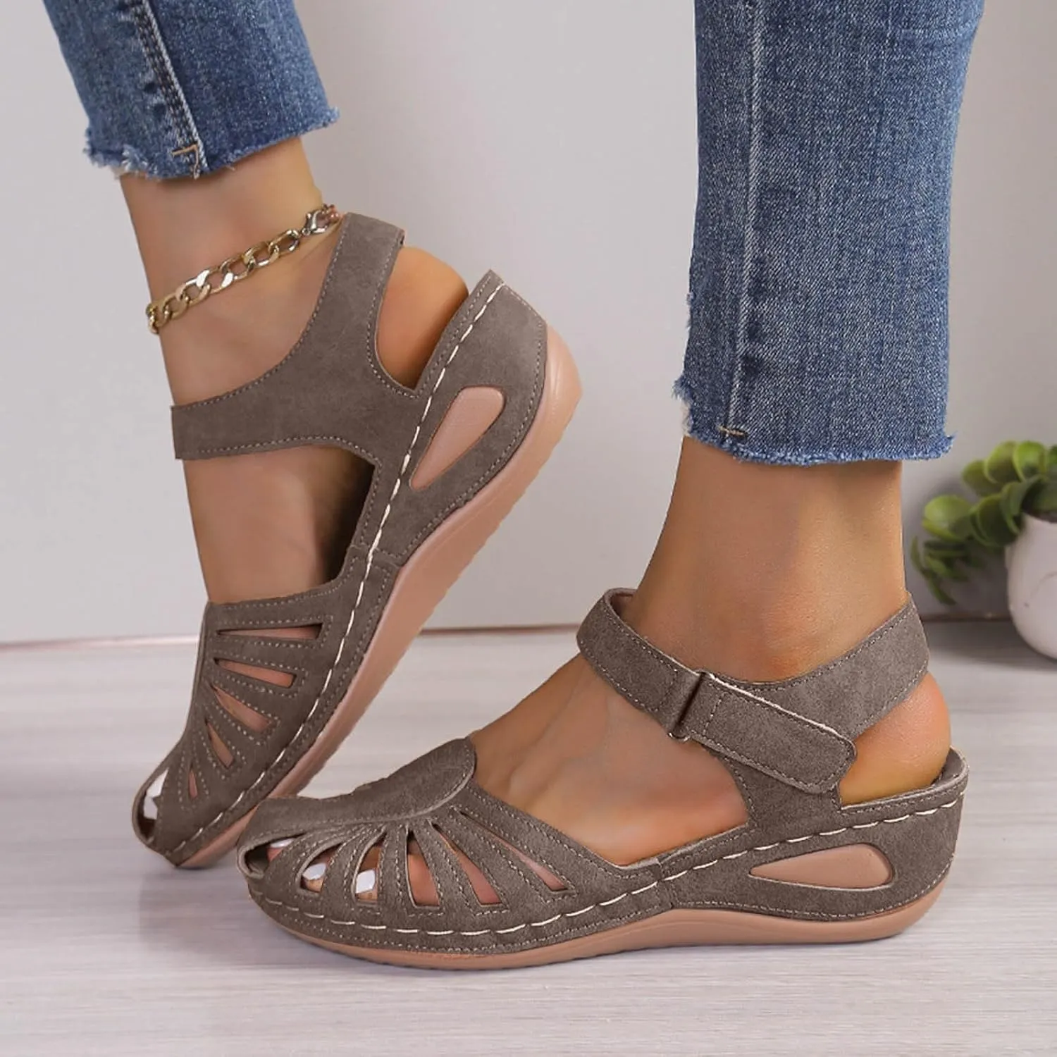 Eduavar Orthopedic Sandals for Women, Womens Sandals Comfortable Closed Toe Casual Hollow Out Shoes Orthotic Wedge Sandals