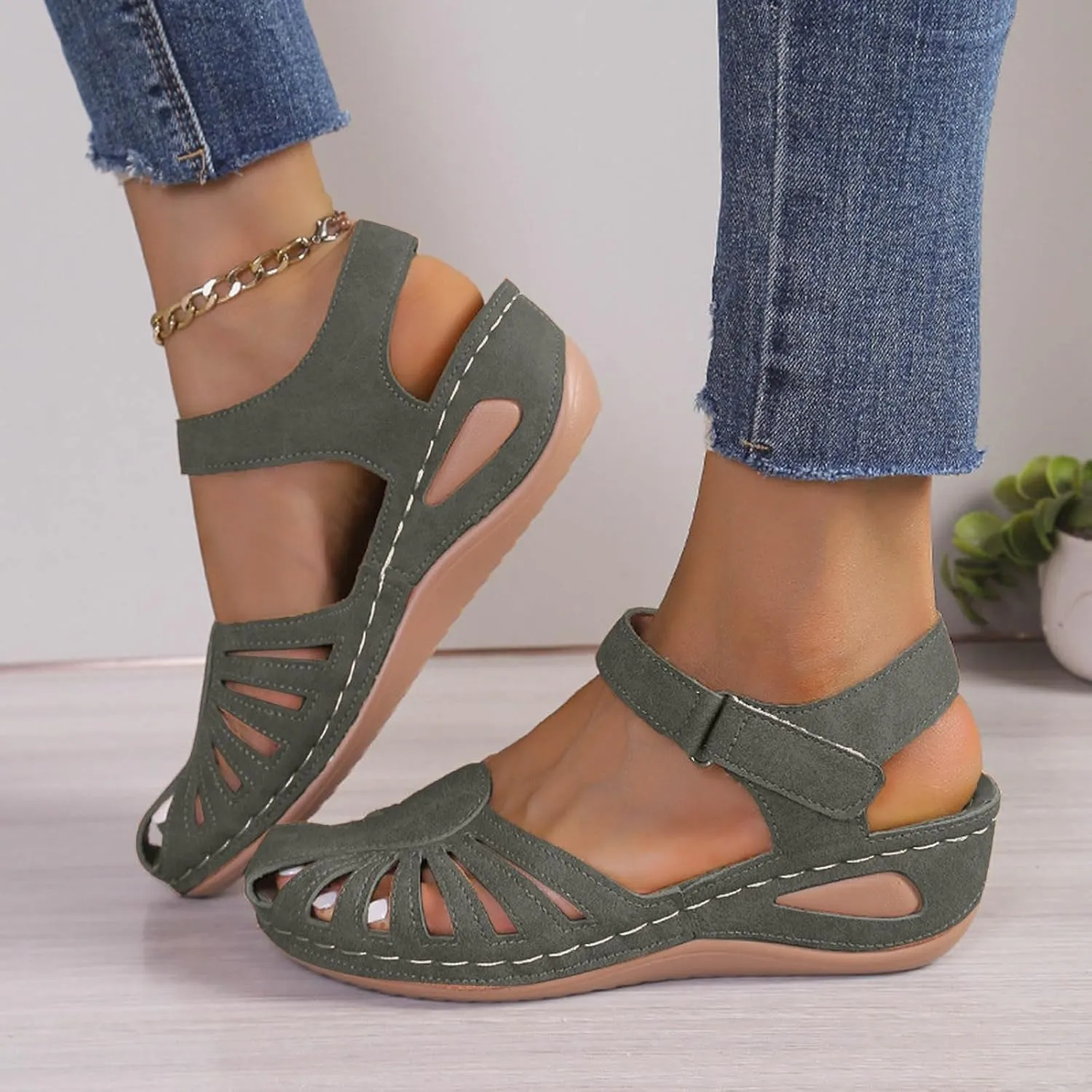 Eduavar Orthopedic Sandals for Women, Womens Sandals Comfortable Closed Toe Casual Hollow Out Shoes Orthotic Wedge Sandals