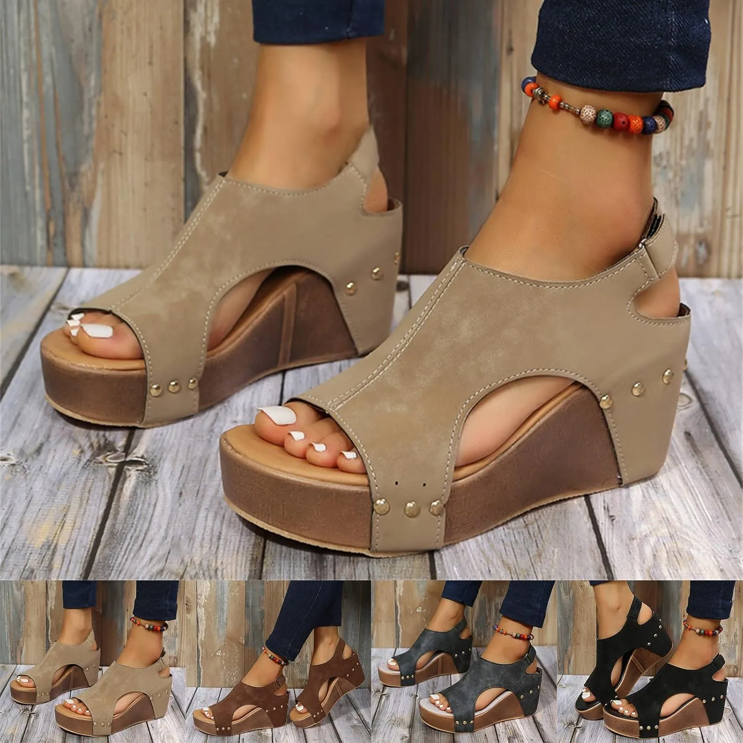Eduavar Sandalias para Mujer, Women Sandals Dressy Leather Wedge Platform Sandals Open Toe Sandals Shoes