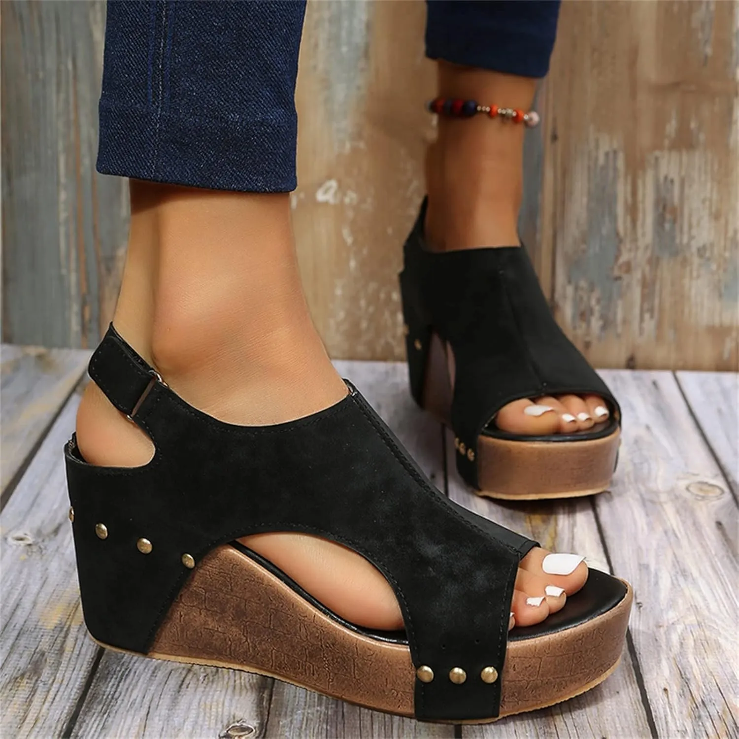 Eduavar Sandalias para Mujer, Women Sandals Dressy Leather Wedge Platform Sandals Open Toe Sandals Shoes