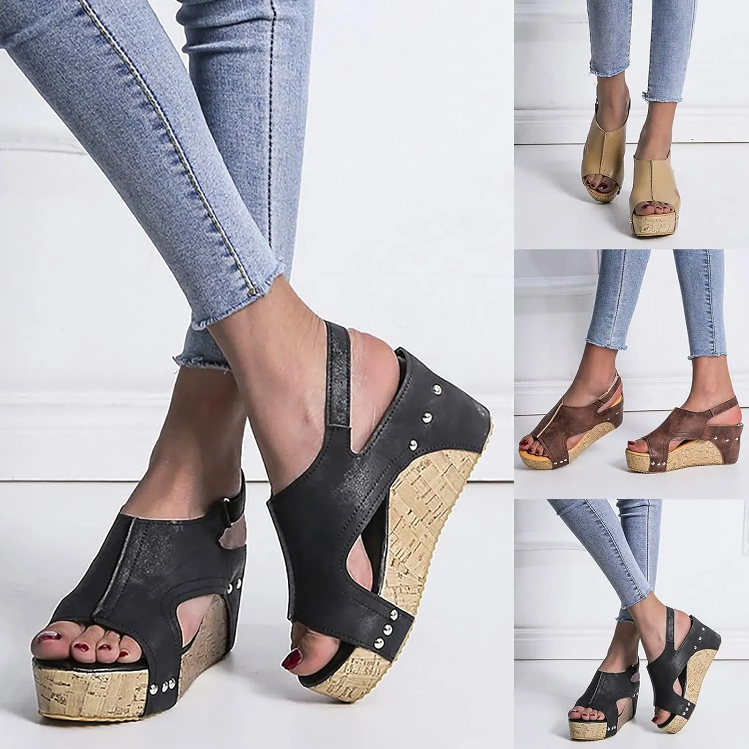 Eduavar Sandalias para Mujer, Women Sandals Dressy Leather Wedge Platform Sandals Open Toe Sandals Shoes