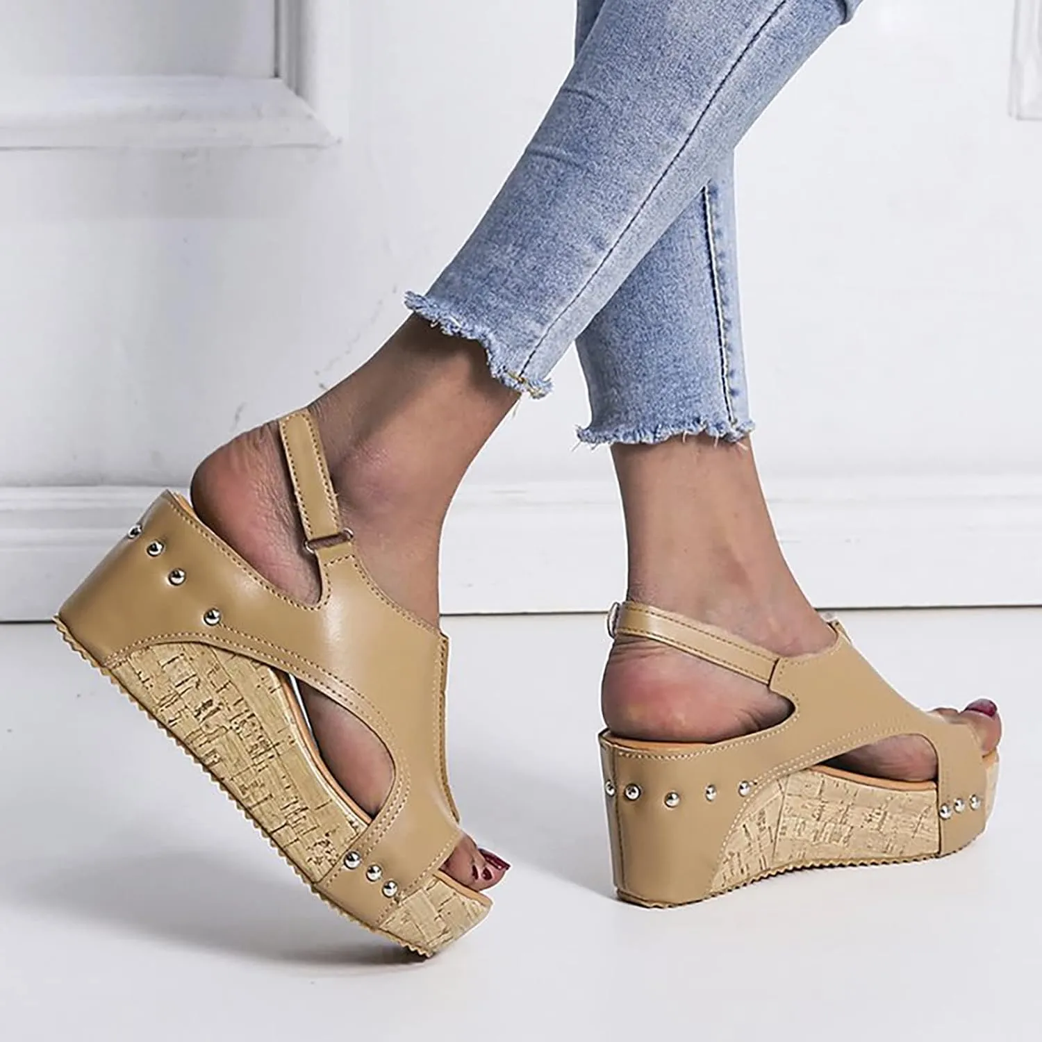 Eduavar Sandalias para Mujer, Women Sandals Dressy Leather Wedge Platform Sandals Open Toe Sandals Shoes