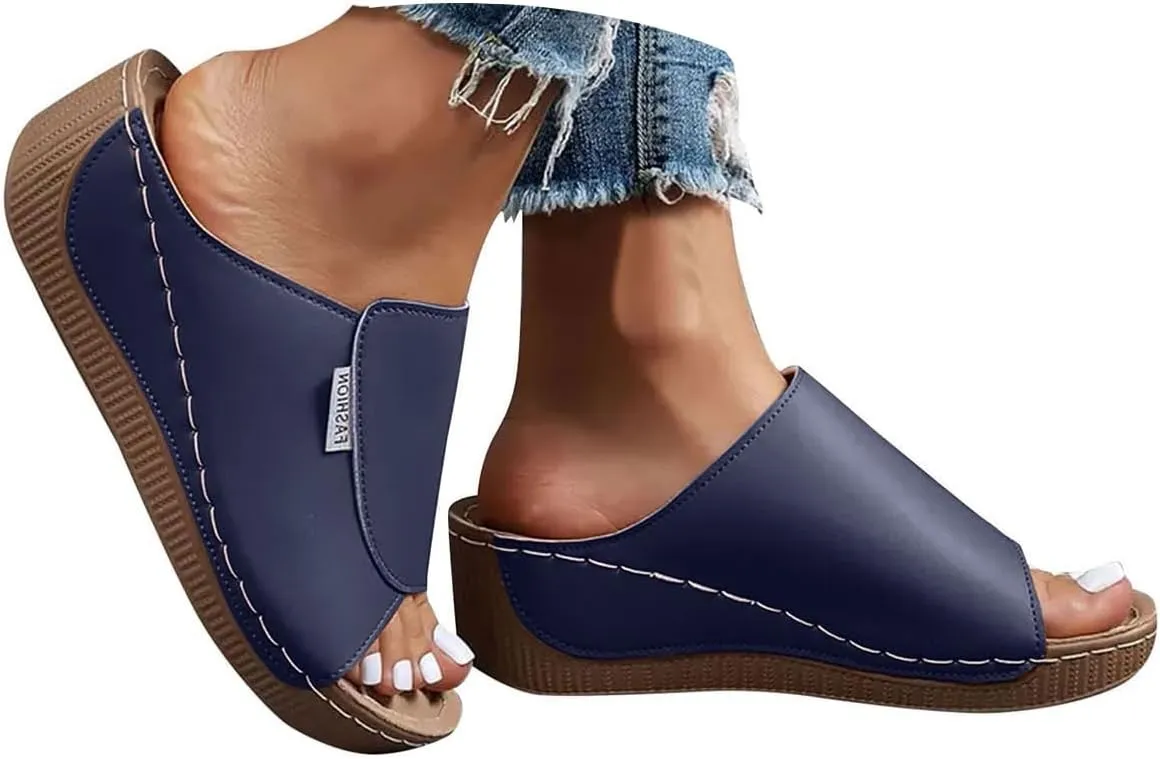 Eduavar Sandals for Women 2025 Casual Comfortable Arch Support Sandals Summer Orthotic Leather Platform Slip on Slippers