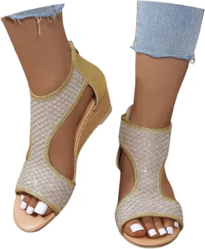 Eduavar Sandals for Women Dressy, Orthopedic Sandals for Women Low Wedge Sandals Cutout Zip Up Crystal Sandals Shoes