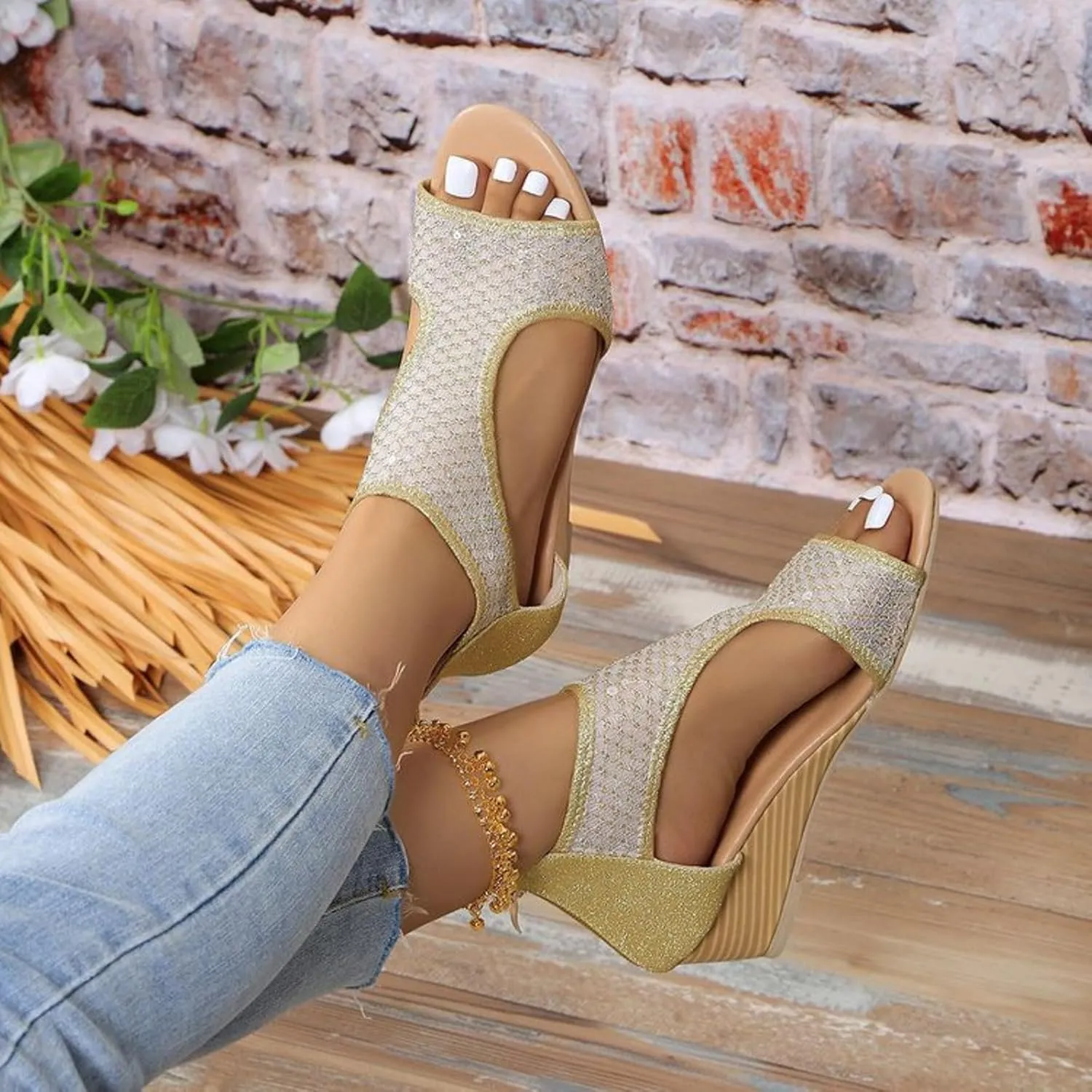 Eduavar Sandals for Women Dressy, Orthopedic Sandals for Women Low Wedge Sandals Cutout Zip Up Crystal Sandals Shoes